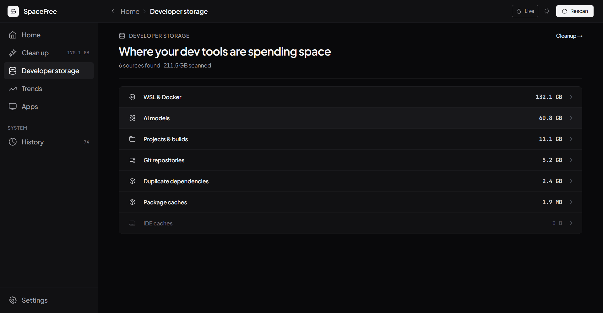 SpaceFree developer storage breakdown by WSL & Docker, AI models, project builds, and git repos